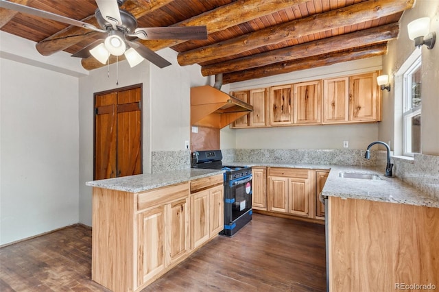 13 Crystal Park Rd, Manitou Springs, CO 80829 - kitchen with black electric range, light brown cabinets, a wooden ceiling with exposed beams, wall chimney range hood, and dark wood-style flooring