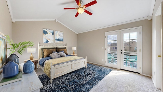 bedroom featuring crown molding, carpet flooring, french doors, and access to exterior