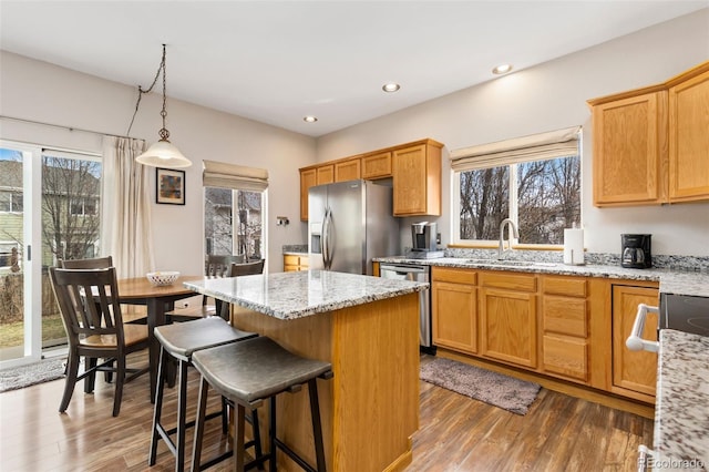 kitchen featuring a sink, appliances with stainless steel finishes, wood finished floors, plenty of natural light, and recessed lighting