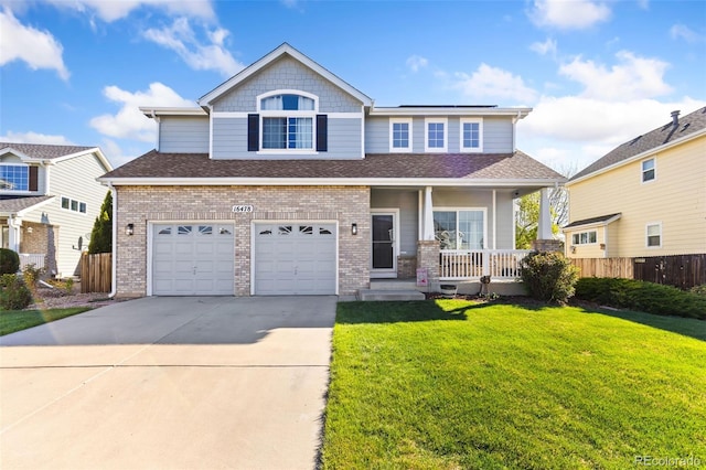 view of front of home with covered porch, concrete driveway, a garage, brick siding, and a shingled roof