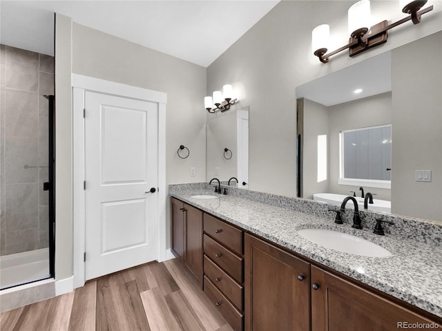 bathroom with hardwood / wood-style floors, vanity, and walk in shower