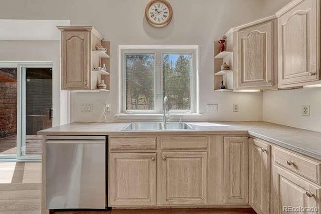 14694 Crooked Trail Rd, Woodland Park, CO 80863 - kitchen with open shelves, stainless steel dishwasher, light brown cabinets, a sink, and light countertops