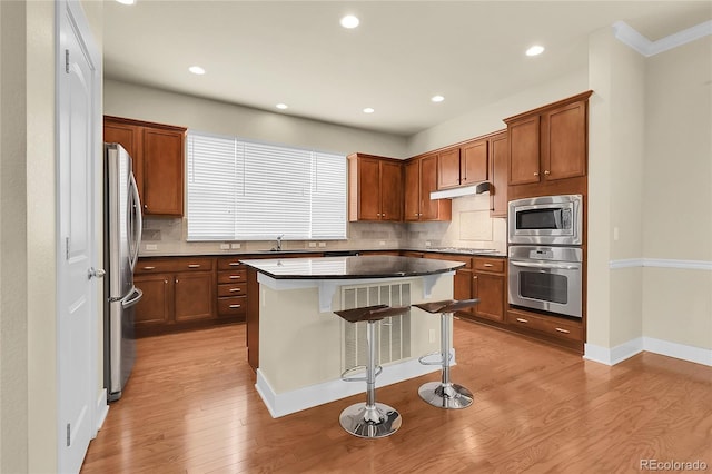 kitchen with under cabinet range hood, light wood finished floors, a sink, and appliances with stainless steel finishes