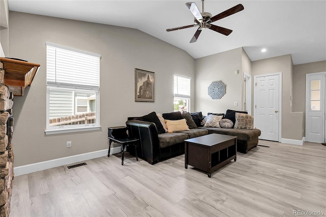 12585 S Beaver Creek Way, Parker, CO 80134 - living room with a ceiling fan, light wood finished floors, vaulted ceiling, and recessed lighting