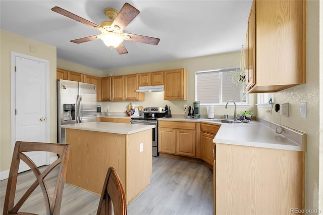 12585 S Beaver Creek Way, Parker, CO 80134 - kitchen with stainless steel appliances, under cabinet range hood, light wood-type flooring, and light countertops