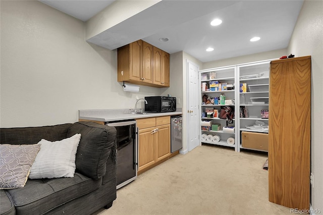 12585 S Beaver Creek Way, Parker, CO 80134 - kitchen featuring light colored carpet, black microwave, light countertops, beverage cooler, and recessed lighting