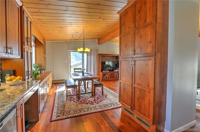 dining space with visible vents, lofted ceiling, wood ceiling, and dark wood-style floors