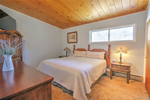 bedroom with wooden ceiling, vaulted ceiling, baseboard heating, and light carpet