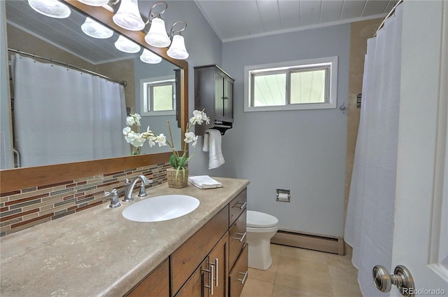 bathroom with toilet, tasteful backsplash, tile patterned flooring, baseboard heating, and vanity