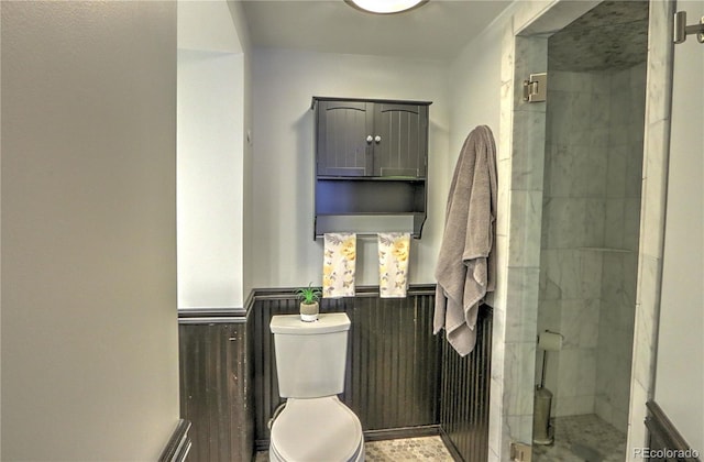 full bathroom featuring a wainscoted wall, a stall shower, and toilet