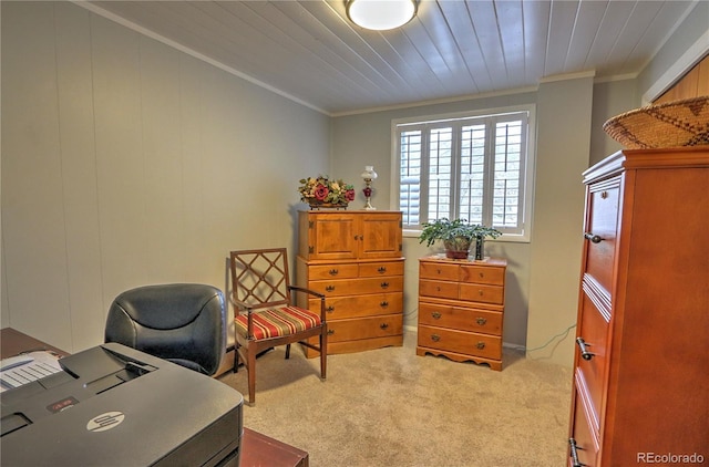 office with crown molding, wood ceiling, and light carpet