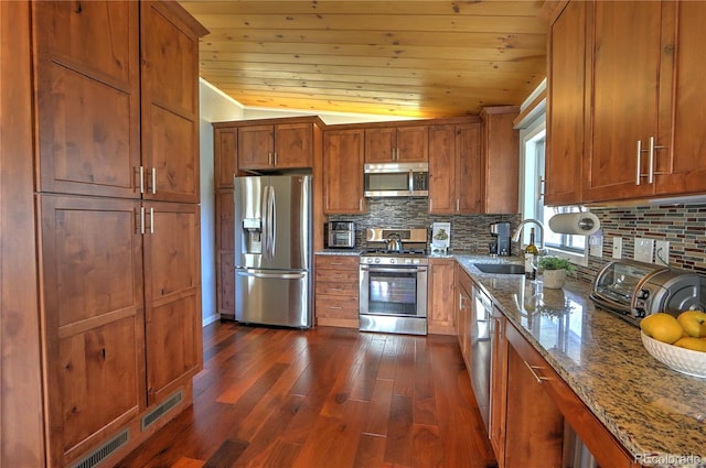 611 W 12th St, Glenwood Springs, CO 81601 - kitchen with appliances with stainless steel finishes, wood ceiling, dark wood-style flooring, brown cabinetry, and tasteful backsplash