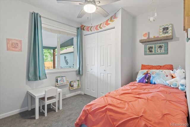 2967 Olive St, Denver, CO 80207 - bedroom with carpet, baseboards, a closet, and ceiling fan