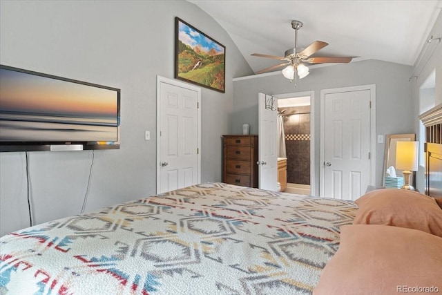 2967 Olive St, Denver, CO 80207 - bedroom with lofted ceiling, connected bathroom, and ceiling fan