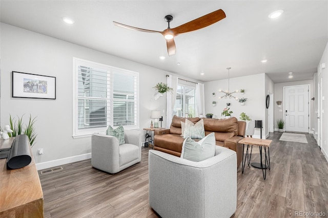8358 Howell St Unit B, Arvada, CO 80005 - living area featuring a ceiling fan, light wood-style floors, and recessed lighting