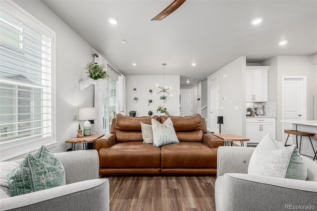 8358 Howell St Unit B, Arvada, CO 80005 - living area featuring dark wood-style flooring, recessed lighting, and ceiling fan