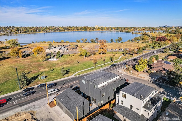 aerial view featuring a water view