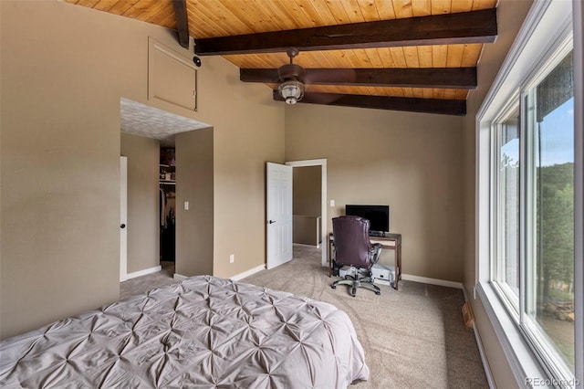 bedroom featuring wood ceiling, light colored carpet, an office area, and baseboards