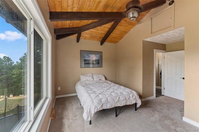 carpeted bedroom featuring wooden ceiling, baseboards, and ceiling fan