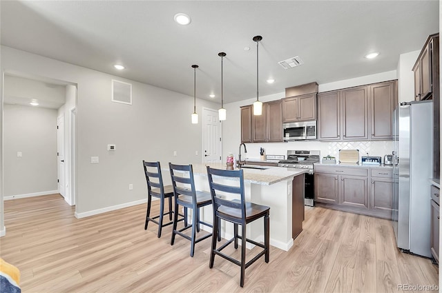 kitchen featuring sink, hanging light fixtures, light hardwood / wood-style flooring, a center island with sink, and appliances with stainless steel finishes