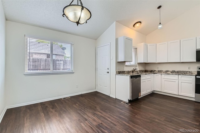 kitchen featuring appliances with stainless steel finishes, vaulted ceiling, and dark wood-style flooring
