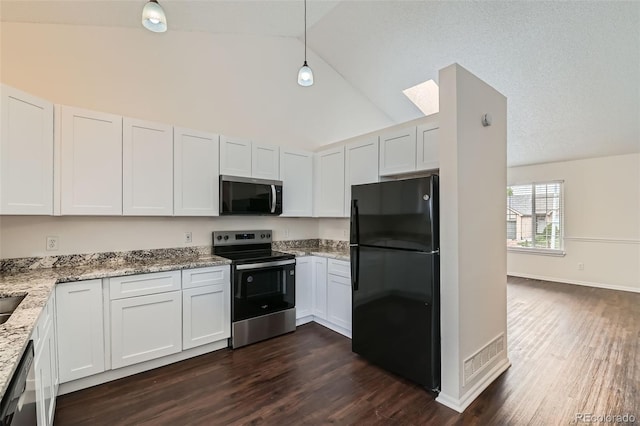 kitchen with visible vents, baseboards, appliances with stainless steel finishes, light stone counters, and dark wood-style floors