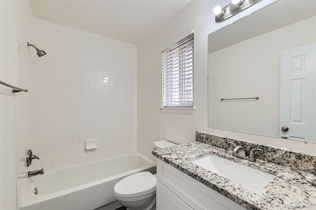 full bath featuring toilet, shower / bath combination, and vanity