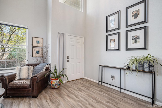6039 S Ukraine Cir, Aurora, CO 80015 - foyer entrance featuring a towering ceiling, light wood-style floors, healthy amount of natural light, and baseboards