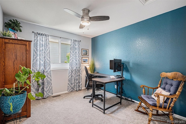 6039 S Ukraine Cir, Aurora, CO 80015 - office area with ceiling fan, carpet, baseboards, and a textured wall