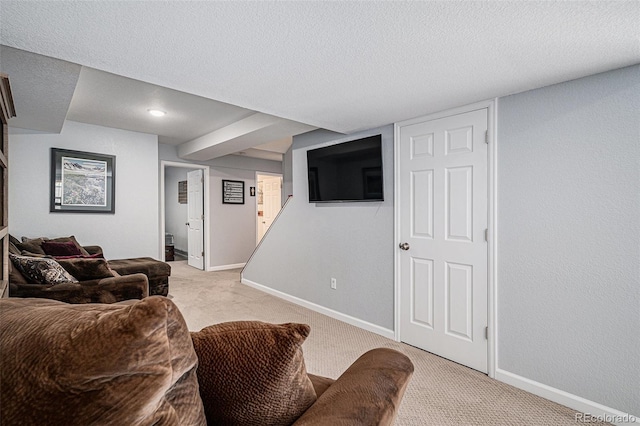 6039 S Ukraine Cir, Aurora, CO 80015 - living room with light carpet, baseboards, and a textured ceiling