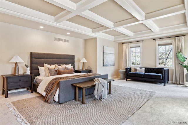 carpeted bedroom featuring coffered ceiling, beam ceiling, visible vents, and baseboards