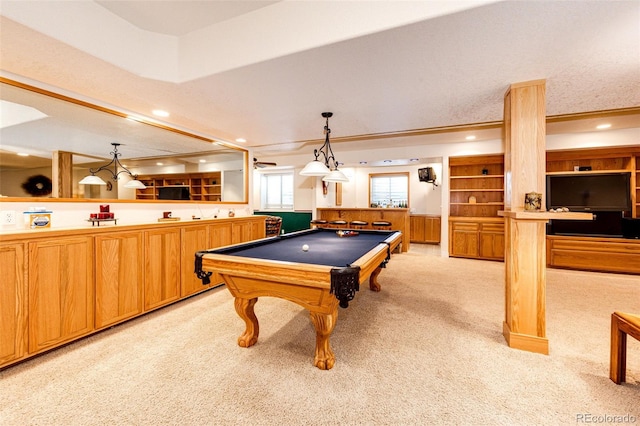 game room with light carpet and billiards