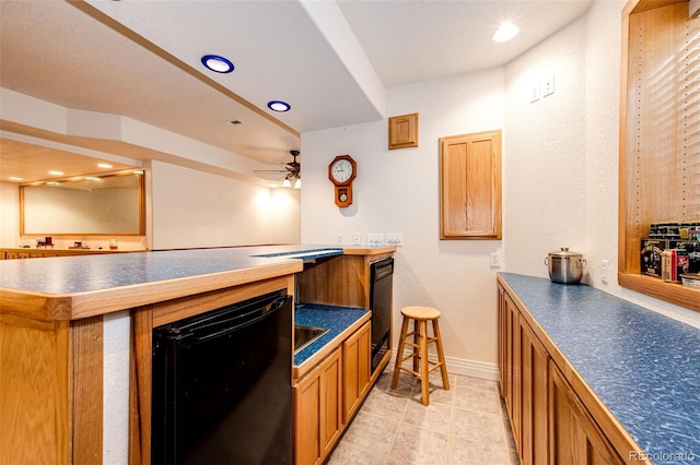 bar featuring light tile patterned floors, beverage cooler, and ceiling fan