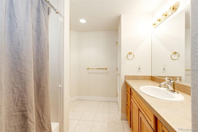 bathroom with vanity, tile patterned flooring, and a shower with shower curtain