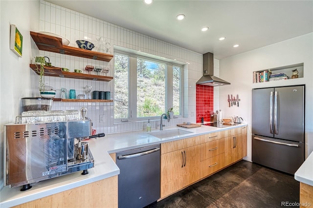 6644 County Road 110, Salida, CO 81201 - kitchen with stainless steel appliances, ventilation hood, decorative backsplash, light countertops, and recessed lighting
