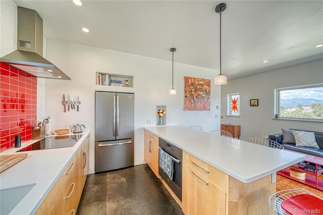 6644 County Road 110, Salida, CO 81201 - kitchen featuring freestanding refrigerator, black electric stovetop, wall chimney range hood, wall oven, and finished concrete flooring