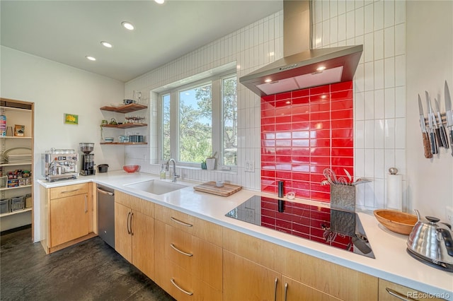 6644 County Road 110, Salida, CO 81201 - kitchen with wall chimney range hood, dishwasher, open shelves, light countertops, and recessed lighting