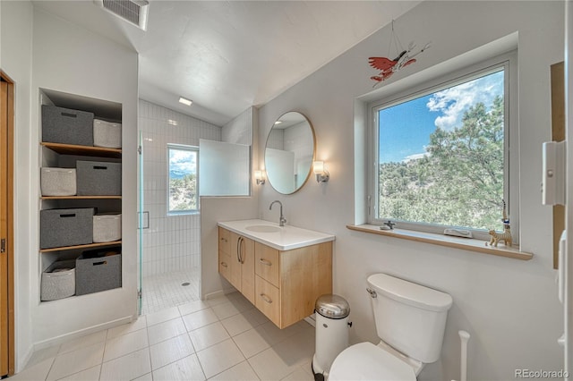 6644 County Road 110, Salida, CO 81201 - full bathroom featuring vanity, lofted ceiling, tile patterned flooring, and a tile shower