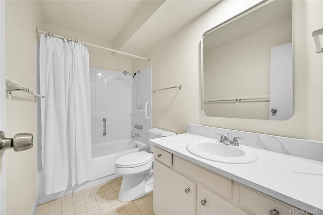 full bathroom featuring vanity, toilet, tile patterned flooring, and shower / tub combo with curtain