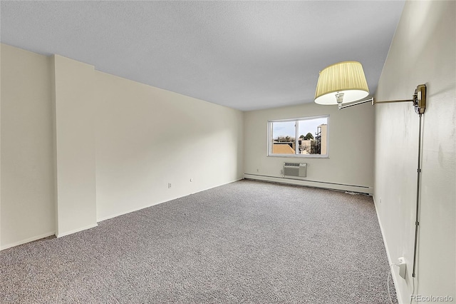 unfurnished room with a textured ceiling, carpet floors, and a baseboard radiator