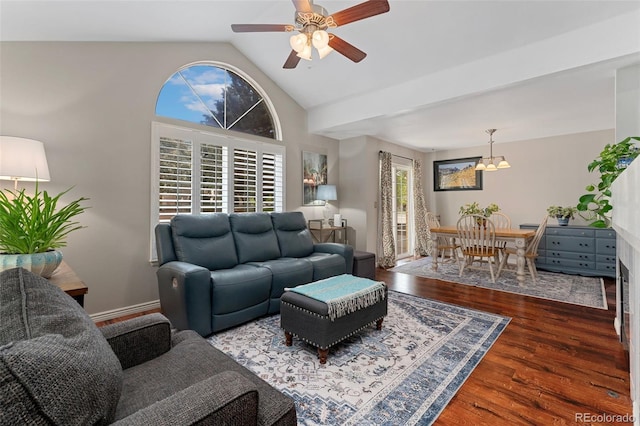 1385 W 112th Ave Unit D, Denver, CO 80234 - living area featuring wood finished floors, a chandelier, vaulted ceiling, and ceiling fan