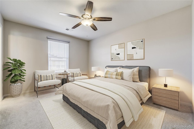 3386 Valentia St, Denver, CO 80238 - bedroom with light carpet, baseboards, and a ceiling fan