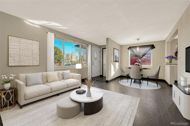 living room featuring a notable chandelier and hardwood / wood-style flooring