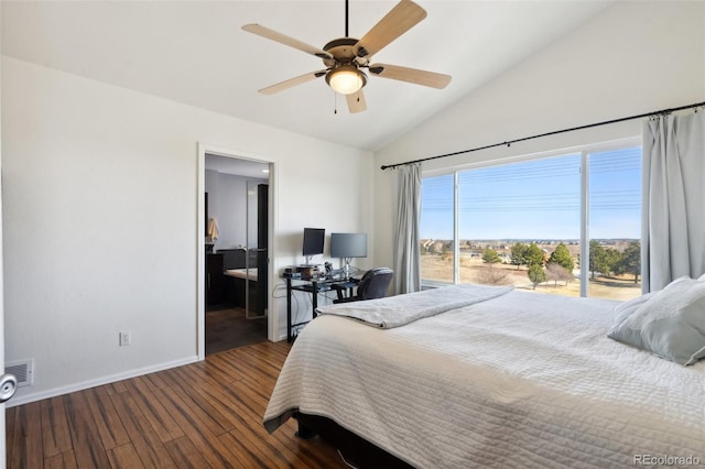 bedroom featuring visible vents, a ceiling fan, wood finished floors, baseboards, and lofted ceiling