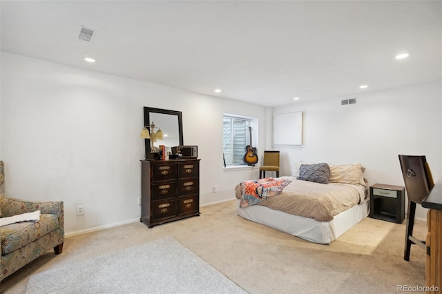 carpeted bedroom featuring visible vents, recessed lighting, and baseboards