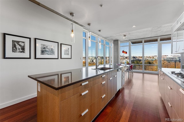 kitchen with a large island with sink, dark wood-style flooring, a sink, and modern cabinets