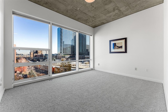 carpeted spare room with a city view and baseboards
