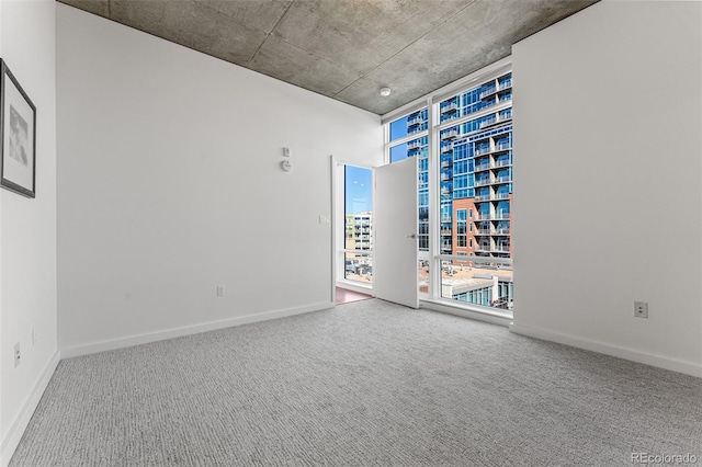 unfurnished room with baseboards, carpet, and expansive windows