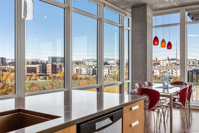 dining area featuring a city view, wood finished floors, and a wealth of natural light