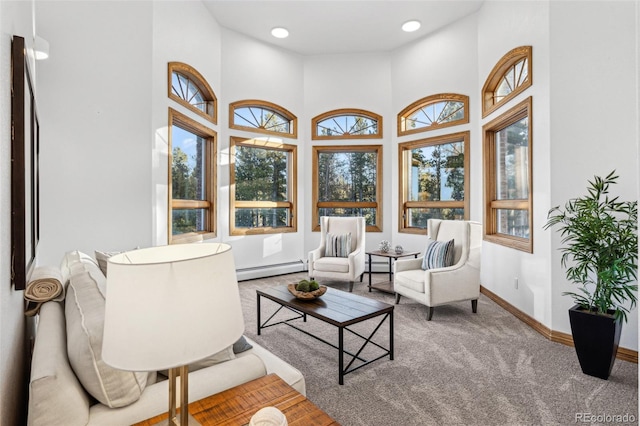 living room with a baseboard radiator, carpet flooring, and a towering ceiling